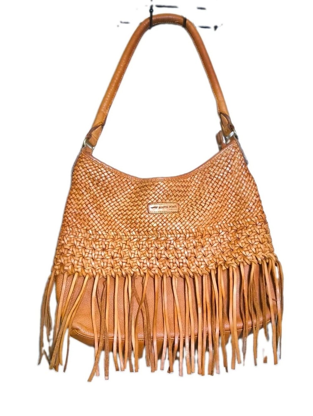 Marta Ponti Portugal Genuine Leather Woven Fringe Hobo Shoulder Bag Tan Short